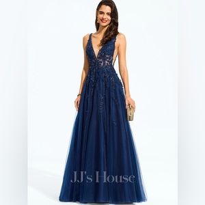 A-Line V-Neck Floor Length Lace Tulle Prom Dress w/ Sequin Beading Hunter Green